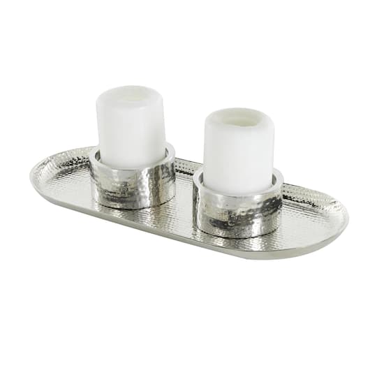 16" Silver Stainless Steel Metal Hammered Candle Holder with Oval Tray Plate